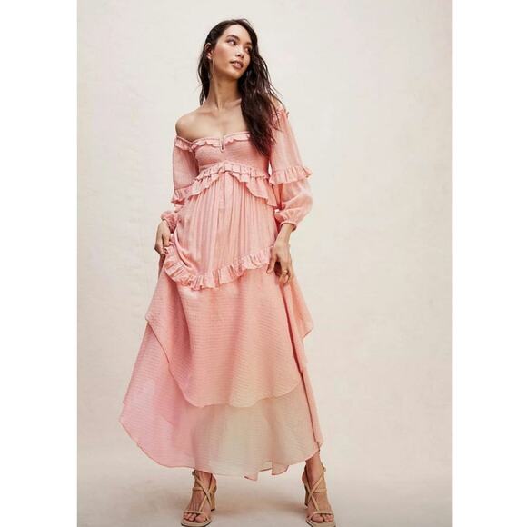 Free People x Spell Clementine Mermaid Maxi Dress $299 XS Pink SMOCKED Ruffled - Picture 1 of 8